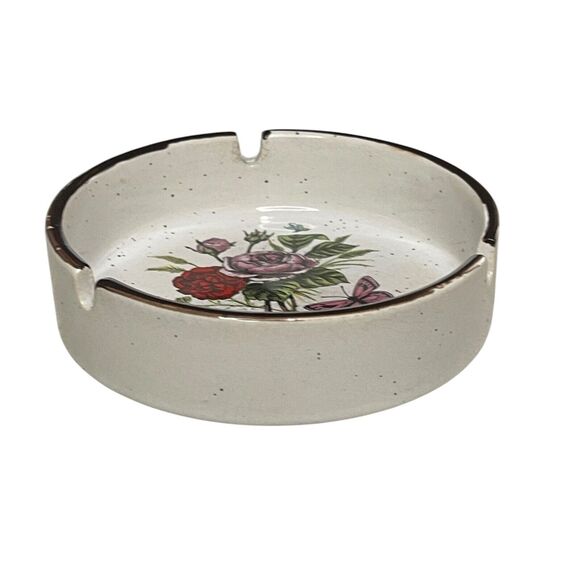Vintage MCM Speckled Brown Butterfly & Floral Motif Ashtray Stoneware Japan Boho - Picture 3 of 7